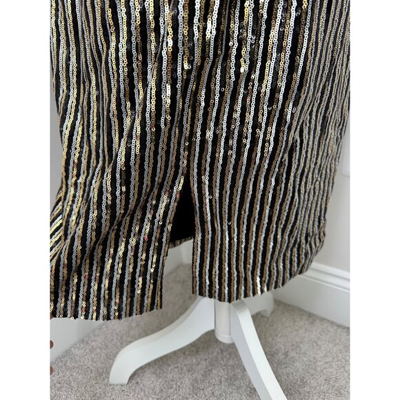 THEIA New Sz 8 Black & Gold Striped Sequin LS Evening Cocktail Dress $495 - Picture 4 of 16
